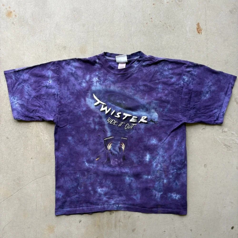 Vintage 90s Twister Movie T Shirt Universal Studios Size XL Purple Tie Dye Shirt